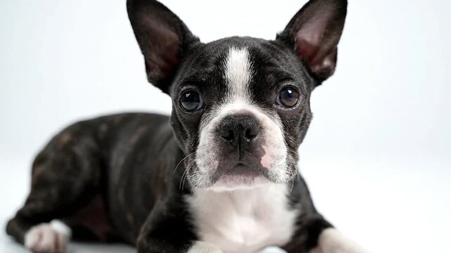 A sweet Boston Terrier puppy with an innocent gaze, lying gently on a crisp white studio background, showcasing its endearing face and classic coat pattern
