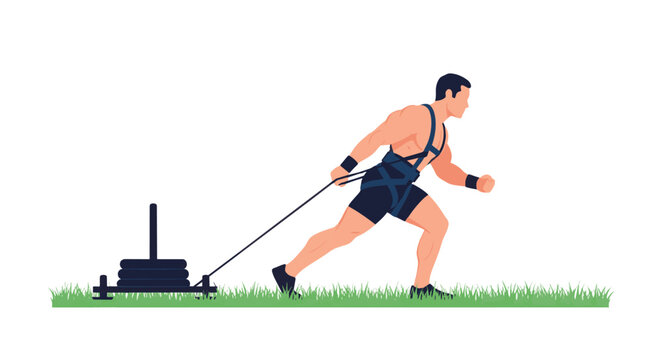 Man pulling heavy weight on grass.