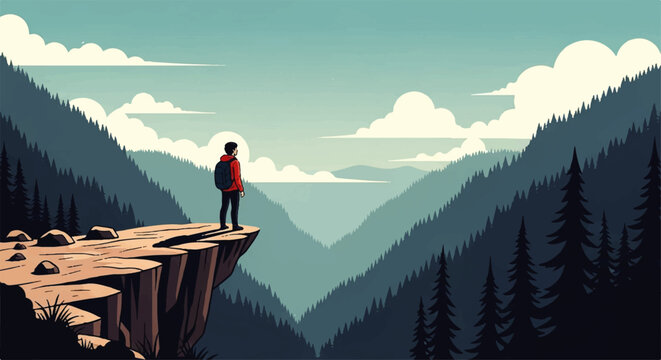 Vector flat design illustration of a lone hiker standing on a cliff edge overlooking a vast mountain valley landscape