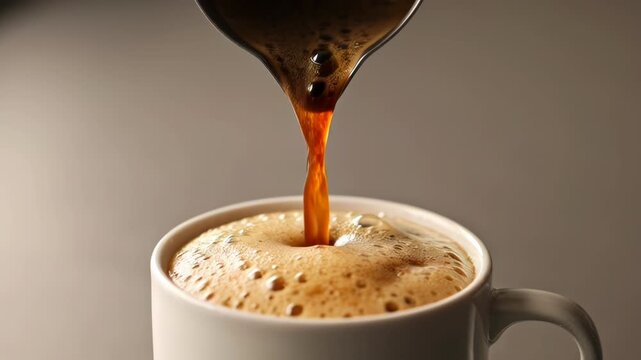 A stream of dark coffee pours from a stainless steel pour-over kettle into a white ceramic cup, creating a rich and inviting scene.