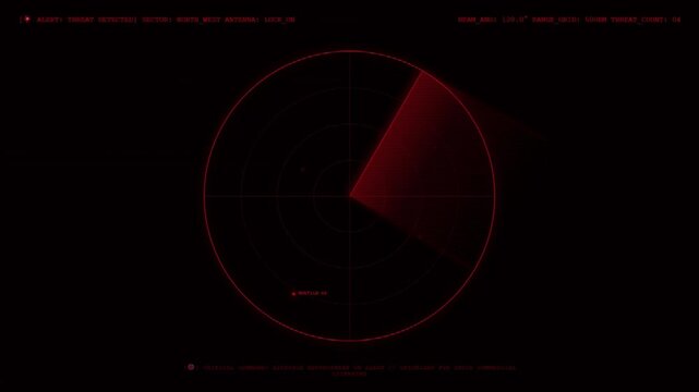 Threat Detected Alert Radar Screen Displaying Hostile Target Tracking Lock On Sector North West Antenna Phased Array Scanner Sweep Red HUD Interface Background.