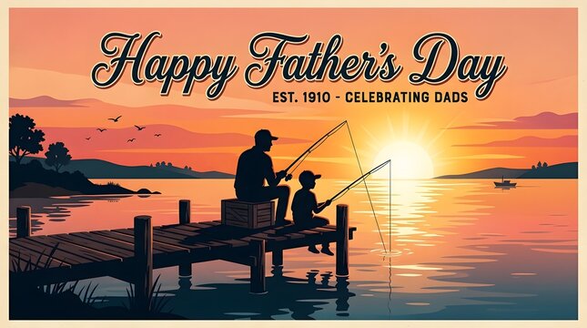 Father's day fishing illustration dad and son bonding at sunset