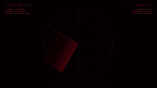 Tactical Air Defense Radar Screen Displaying Phased Array Target Tracking Scanner Sweep Beam Azimuth Operational Metrics Red HUD Interface Background.