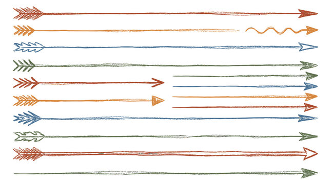 Set of hand drawn colored charcoal long arrows on white