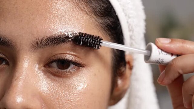 Closeup of a young woman applying clear eyebrow gel with a spoolie brush to groom and shape her eyebrows as part of her skincare and beauty routine