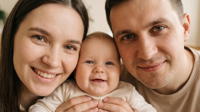 Primer plano de una pareja joven y feliz sonriendo junto a su beb&eacute;. Retrato familiar sobre crecimiento poblacional, tasa de natalidad, demograf&iacute;a