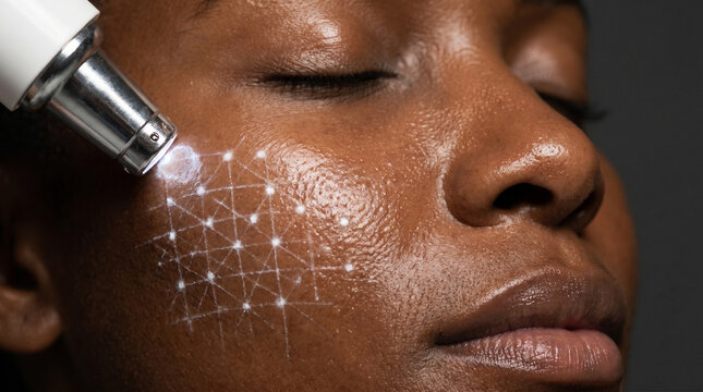 Close-up of a beautiful African American woman receiving high-tech laser facial treatment. Glowing grid on dark skin. Advanced dermatology and skin rejuvenation concept.
