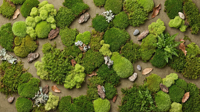 Top view of various types of green moss and lichens on a neutral background.