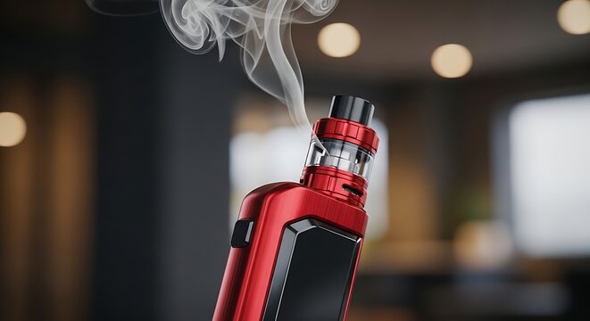 Red electronic cigarette vape device with smoke