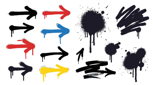 Spray paint arrows and splatter drips graffiti element set