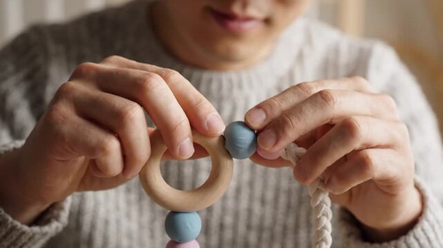 Closeup of a persons hands crafting a baby teether toy with wooden rings and colorful silicone beads