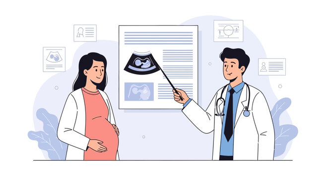 Doctor showing ultrasound scan to pregnant woman, healthcare consultation