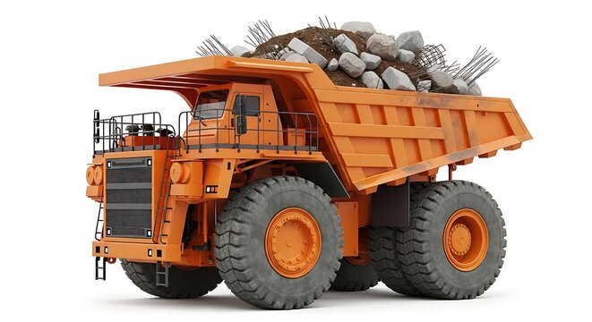 Large orange mining dump truck loaded with rocks and debris isolated on white background