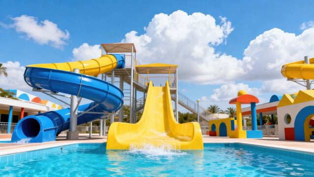 Colorful water park slides and pool