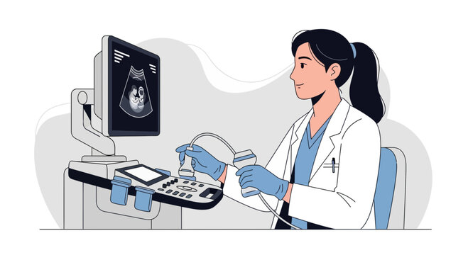 Doctor Performing Ultrasound on Pregnant Woman in Medical Office.