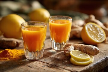 Fototapeta premium Bright turmeric ginger lemon wellness shots served in tiny clear glasses with fresh roots