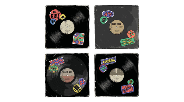 Set of distressed vinyl record sleeves with colorful retro stickers