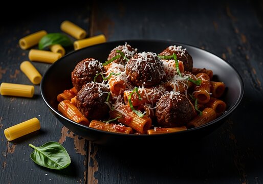 Hearty meatballs with rigatoni pasta and tomato sauce in a black pan with basil. beef rigatoni 