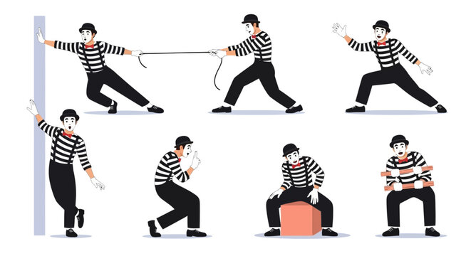 Collection of Mime Artists Performing Various Gestures and Actions.