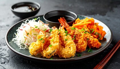 Fototapeta premium Japanische Tempura Garnelen und Gemüse mit Dip-Soße