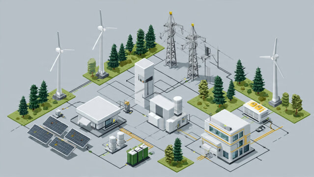 Miniature Renewable Energy Power Plant Model with Wind Turbines and Solar Panels.