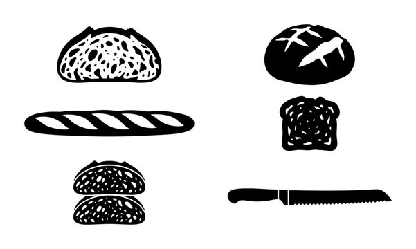 Bread Icons, Bakery Vector Graphics, Food Illustrations: Loaf, Baguette, Sliced Bread, Knife