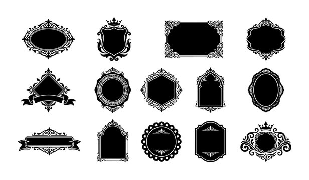 Ornate Vintage Frames Collection, Decorative Victorian Borders, Elegant Emblem Styles, Royal Crest Elements