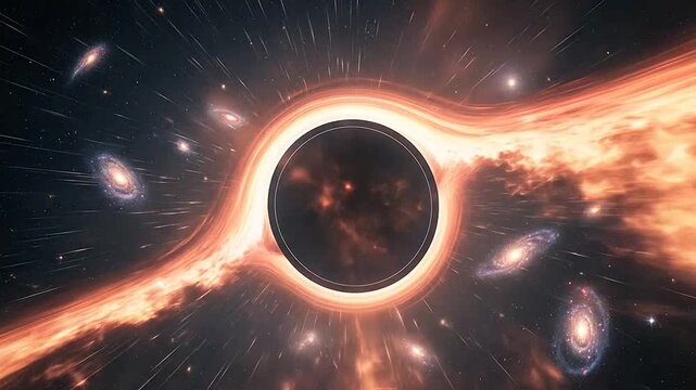A massive dark singularity surrounded by a glowing orange accretion disk in deep space