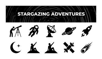 Stargazing Adventures Vector Icons: Astronaut, Rocket, Satellite, Planet, Telescope, Moon, Comet © PERFECT QUALITY