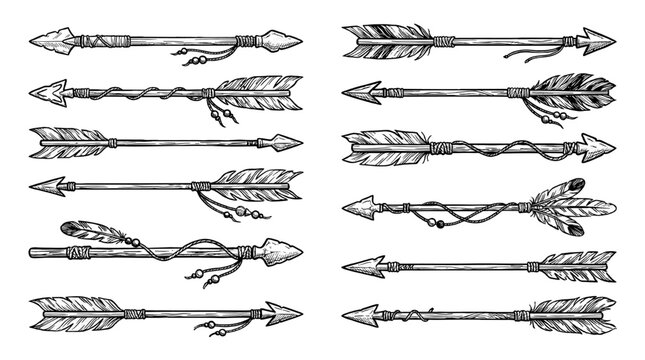 Hand drawn decorative arrow set with feathers and cord details