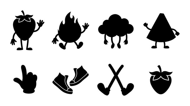 Playful Silhouette Icons: Strawberry, Fire, Cloud, Triangle, Hand, Sneakers, Golf Clubs