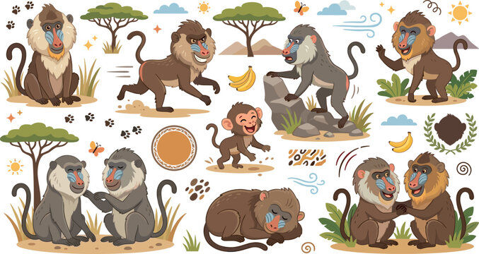 Cute cartoon baboon and mandrill vector set with funny monkeys bananas safari trees footprints wildlife characters illustration,