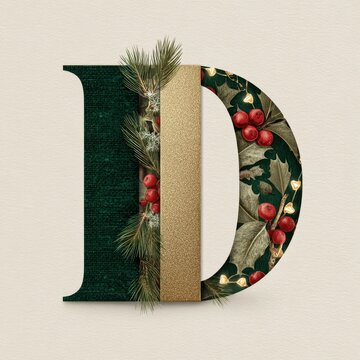 Christmas Split Letter Monogram: Bold uppercase D divided into festive textures