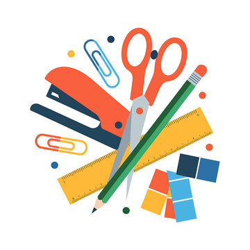 School supplies including scissors ruler stapler pencil and paper clips on white background