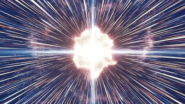 A bright glowing light source creates a fast motion effect in deep space