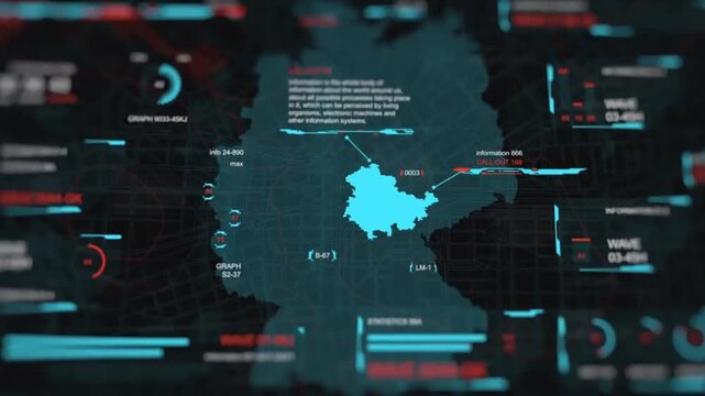 Futuristic HUD digital map interface with data visualization, corporate infographics, sci-fi cyber tech control panel background.
