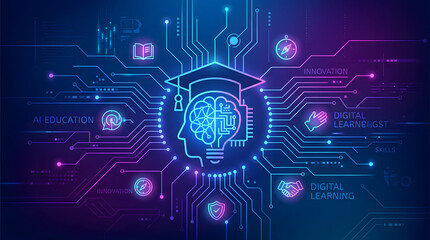 Obraz premium Digital Learning and Education: An abstract visualization of digital education, featuring a glowing brain within a graduation cap, surrounded by circuitry and icons representing online learning, AI.