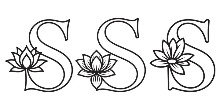 Floral letter S vector line art set featuring elegant alphabet monograms with lotus flowers isolated on white background