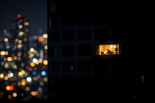 Compelling night photo featuring a single illuminated office window in a dark building. This high contrast image is suitable for corporate work ethic and career topics.