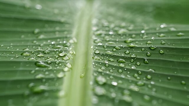 Closeup of water droplets on a vibrant green leaf after rain.