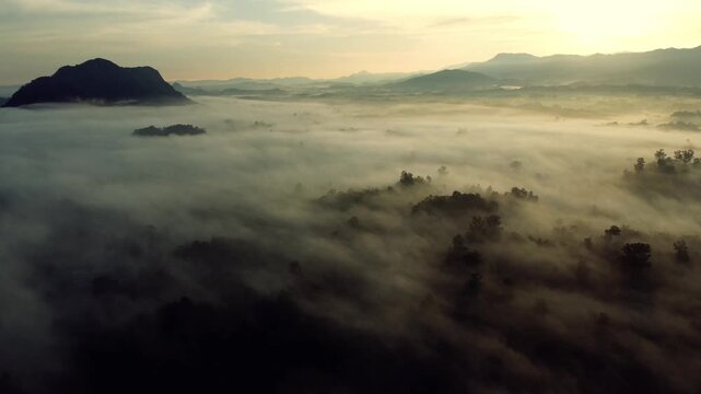Viewing Misty Landscape at Dawn Over Mountain Range