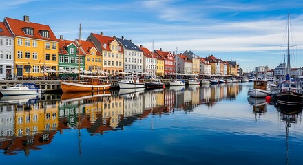 Fototapeta premium Colorful historic buildings and wooden boats along the nyhavn canal in copenhagen