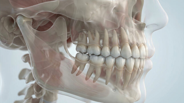 A detailed 3D rendering of a human skull with visible teeth and jawbone structure