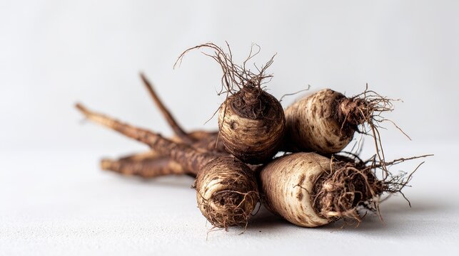 Fresh burdock roots on a clean white background in a minimalist still life