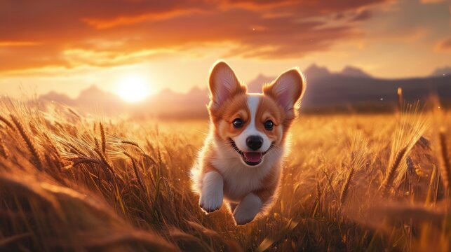 Adorable corgi puppy running in a golden wheat field at sunset.  Possible use for children's books, pet-themed products, or social media posts
