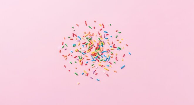 Colorful Sugar Sprinkles Exploding on a Soft Pastel Pink Background.
