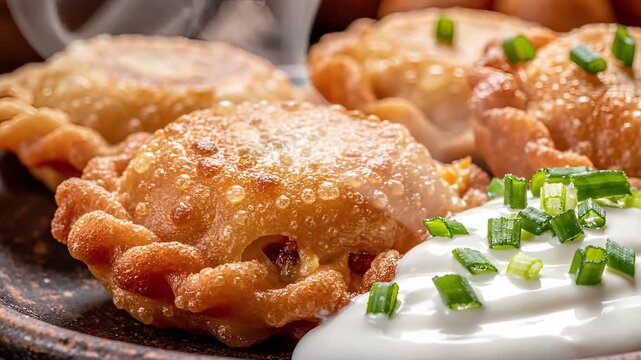 Delicious Fried Empanadas Served with Creamy Sour Cream and Chives.