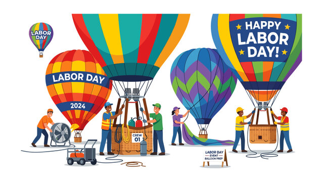 Labor Day Hot Air Balloon Festival: Colorful hot air balloons are being prepared for a Labor Day celebration, with people working to inflate them against a backdrop of a clear sky.