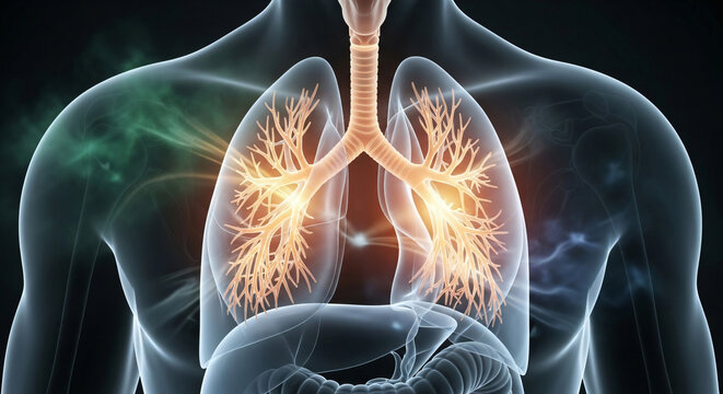 A medical illustration of the human respiratory system with lungs and trachea visible