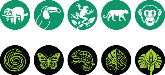 Fototapeta premium Set of ten circular vector icons featuring jungle animals and tropical plants designed with a clean flat minimalist aesthetic style